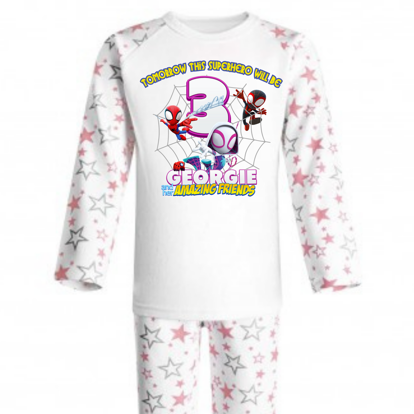 Spidey birthday pyjamas, girls spidey birthday, spidey name age, spidey girl pjs, when i wake up spidey