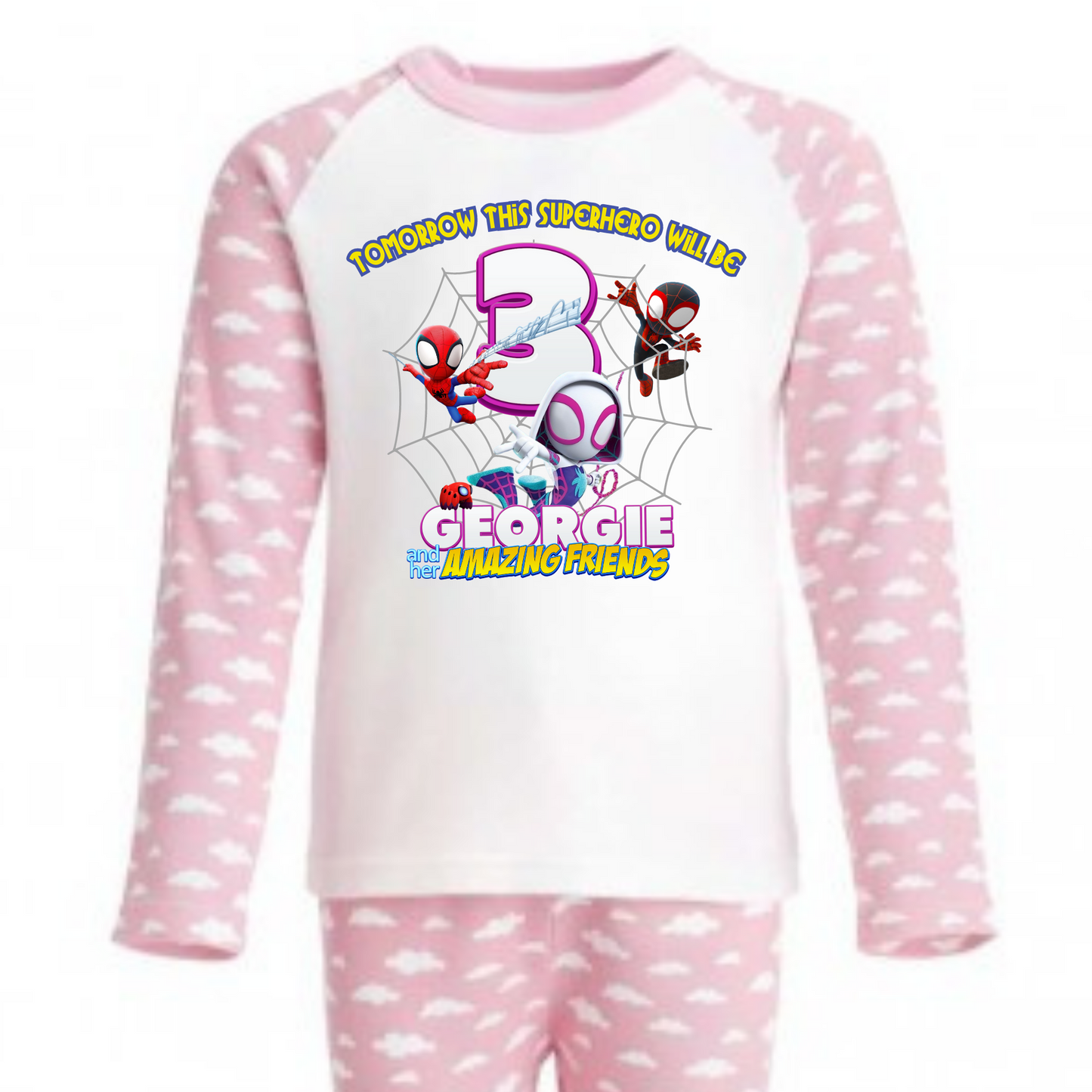 Spidey birthday pyjamas, girls spidey birthday, spidey name age, spidey girl pjs, when i wake up spidey