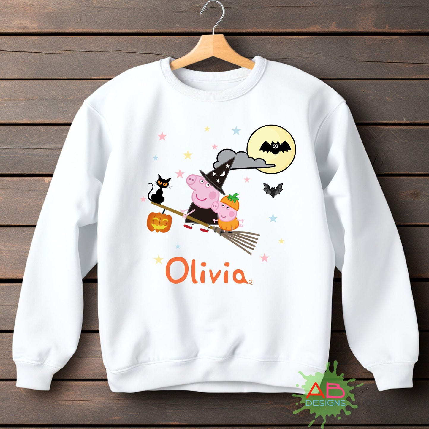 Personalised, Pink Pig Halloween Sweatshirt, Custom Halloween Sweatshirt, Kids Custom Cbeebies Inspired tshirt, kids witch jumper custom