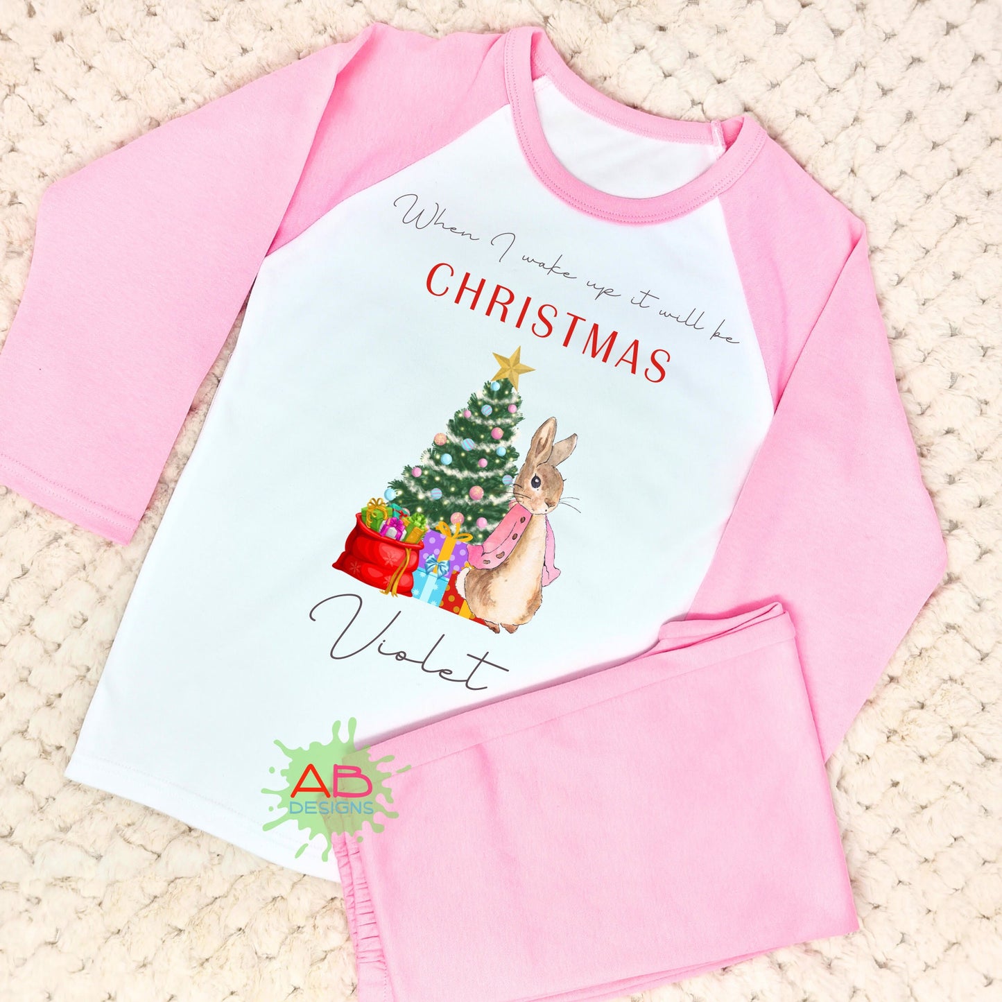 Girls Custom Christmas Eve Two Piece Lounge Set, When I Wake Up it will be Christmas, Kids personalised Christmas Outfit, Peter Rabbit Xmas