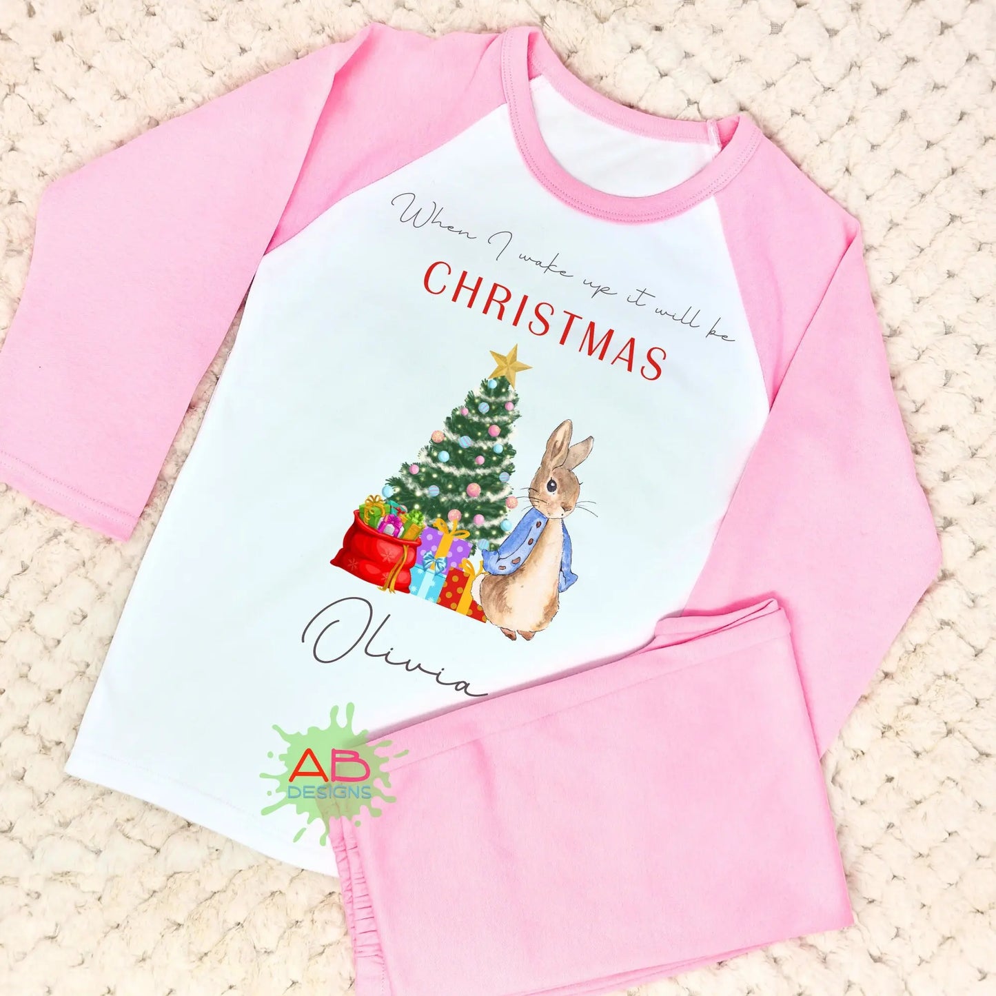 When I Wake up Peter Rabbit Pink Christmas pyjamas with personalisation , When I Wake Up it will be Christmas,
