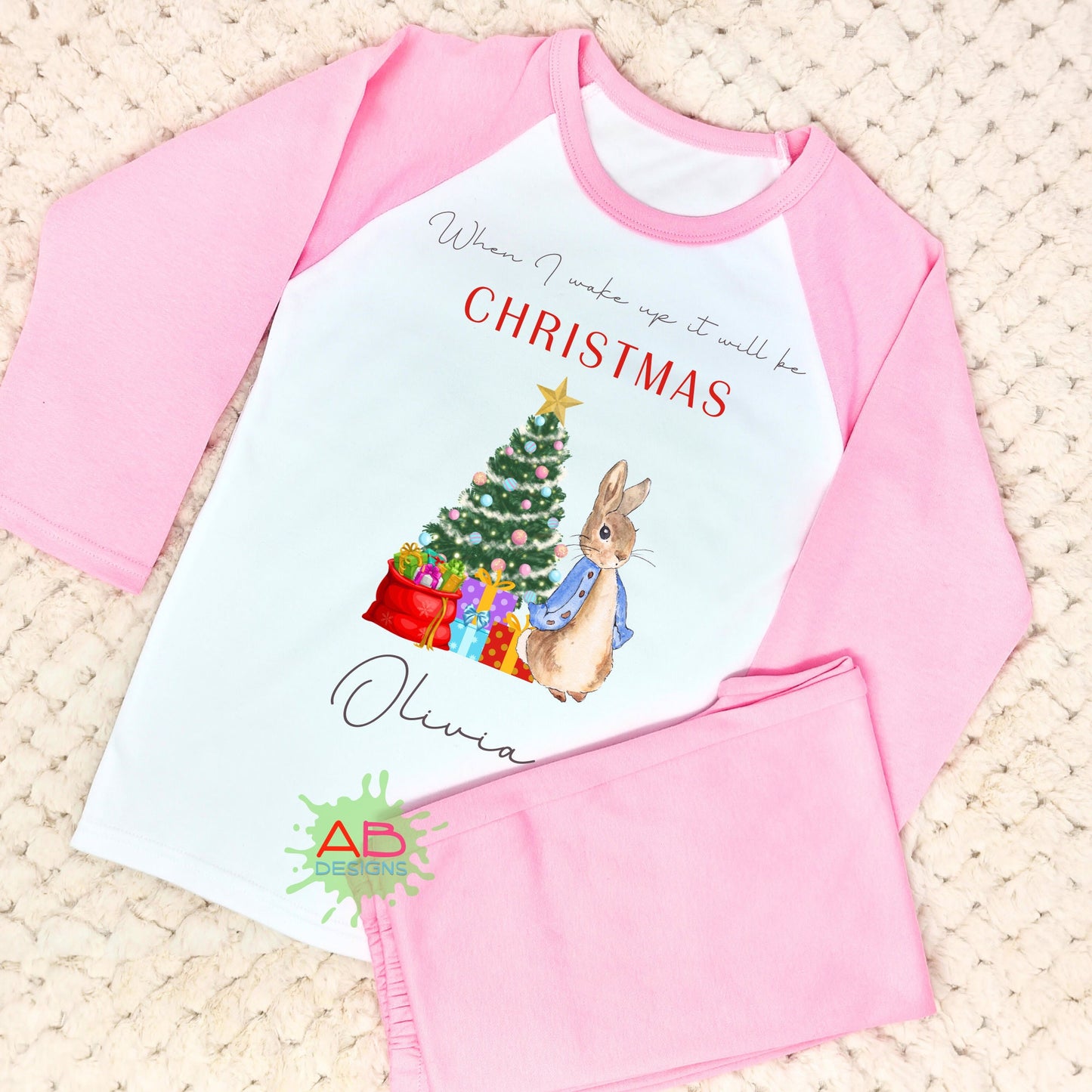 Girls Custom Christmas Eve Two Piece Lounge Set, When I Wake Up it will be Christmas, Kids personalised Christmas Outfit, Peter Rabbit Xmas