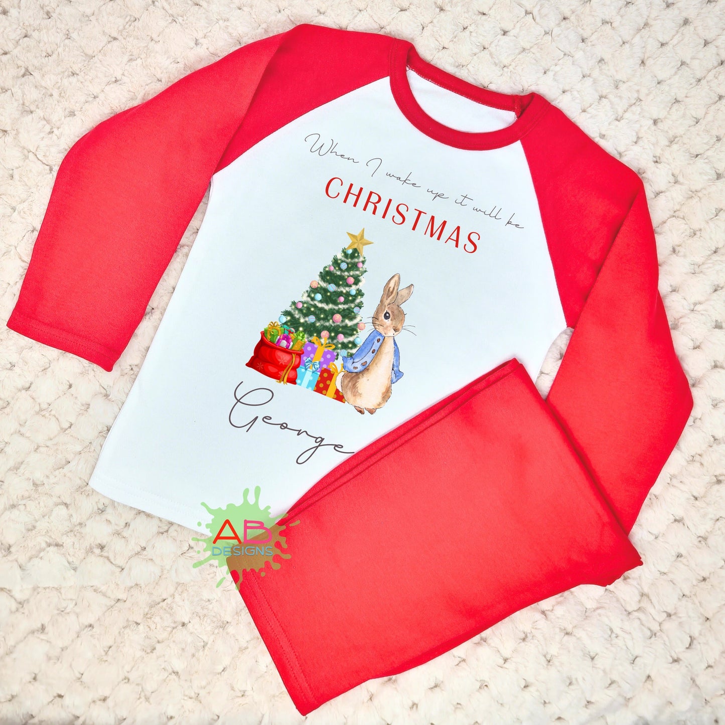 Girls Custom Christmas Eve Two Piece Lounge Set, When I Wake Up it will be Christmas, Kids personalised Christmas Outfit, Peter Rabbit Xmas