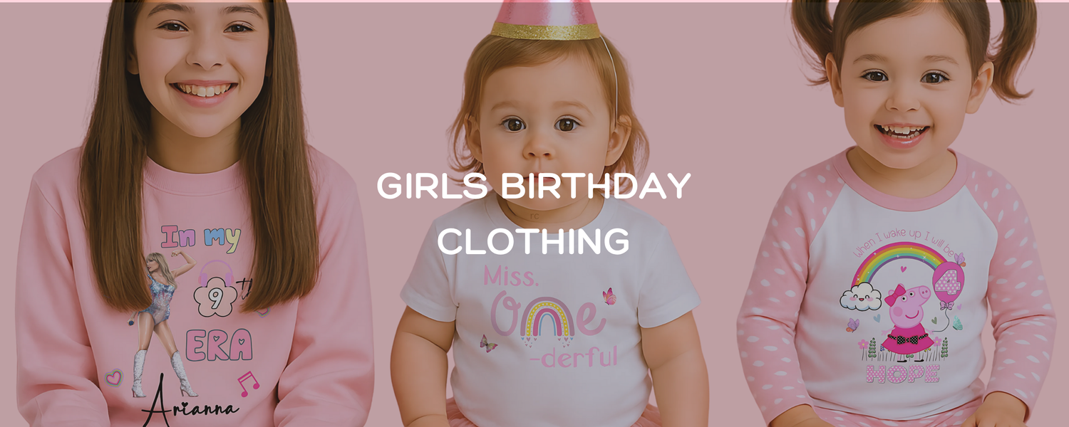 A banner of three girls of different age wearing personalised birthday clothing
