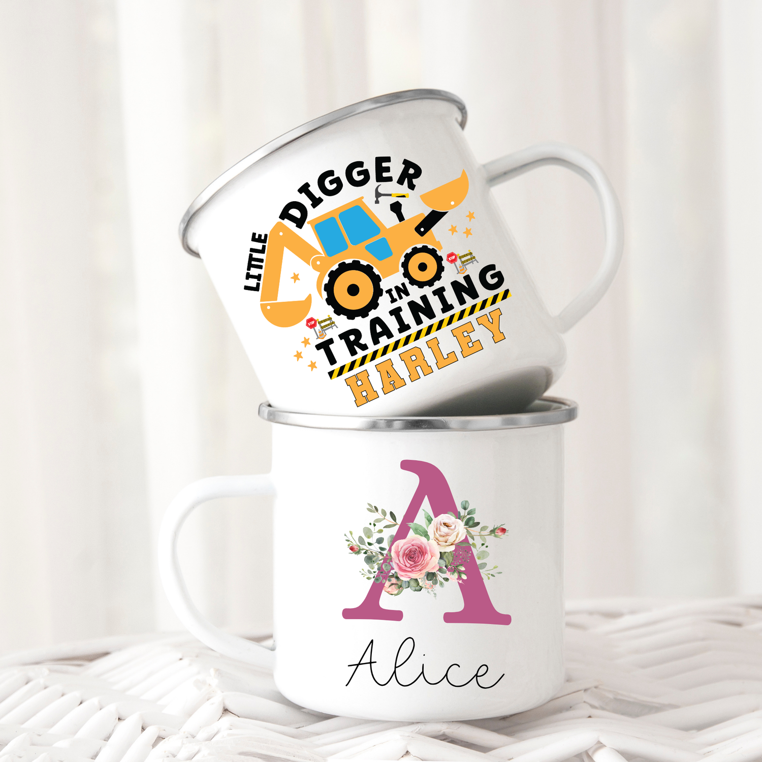 Two white enamel mugs personalised for a boy and girl. Perfect for a birthday or Christmas gift for toddler, children.