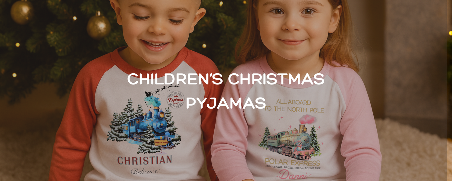 wo children, a boy and a girl wearing personalised Christmas pyjamas