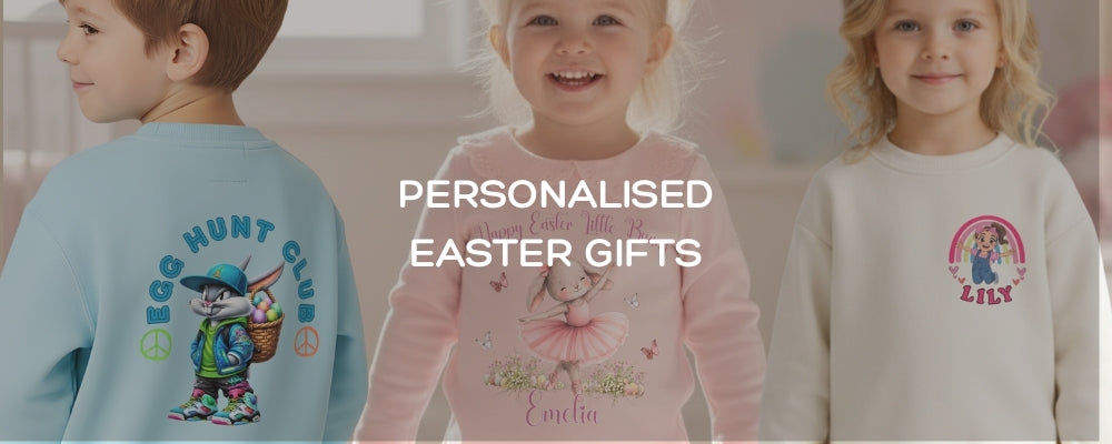 Personalised Easter gifts for kids including pyjamas, sweatshirts, t-shirts