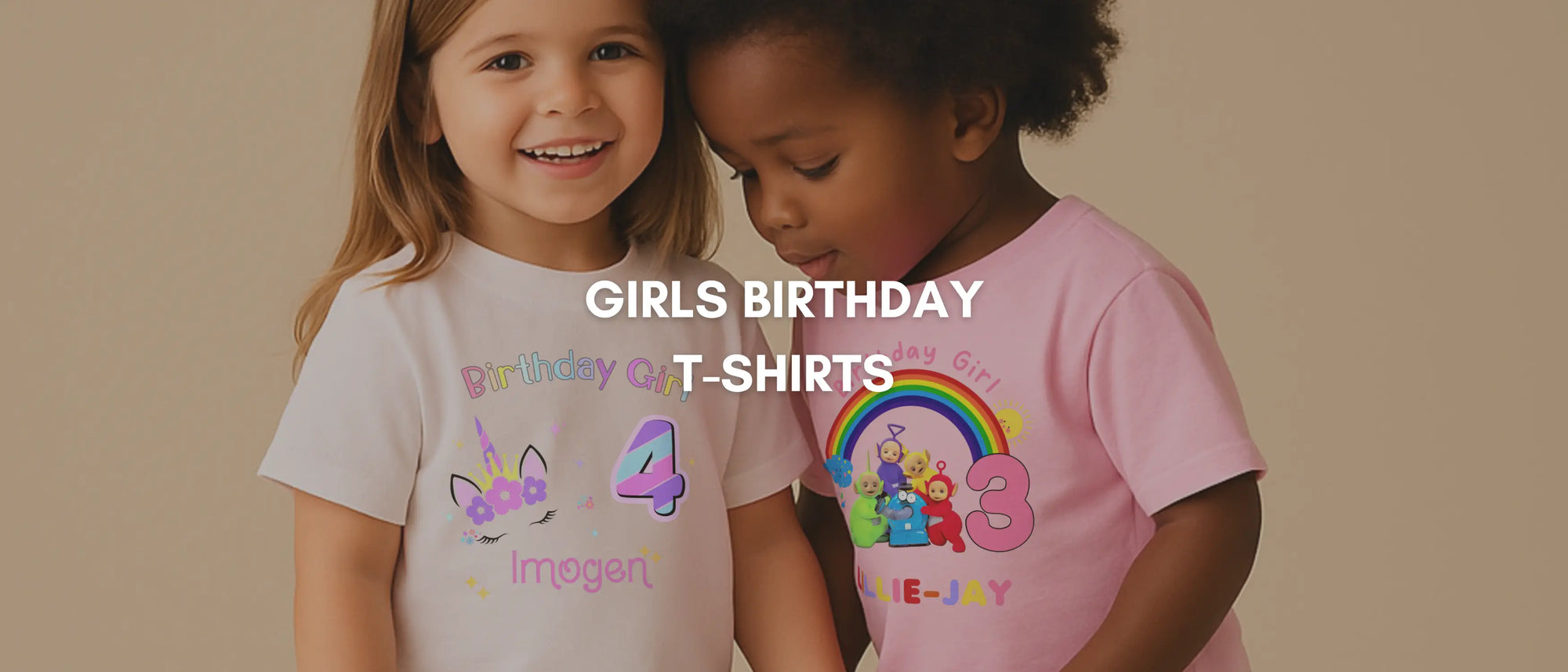 Girls personalised birthday t-shirt collection with different designs and styles
