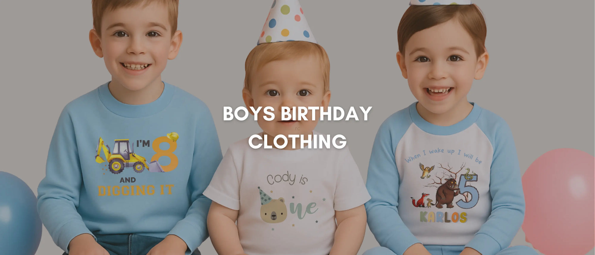 Three boys of various ages wearing personalised birthday clothing