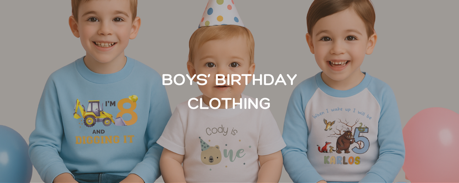 Three boys of various ages wearing personalised birthday clothing