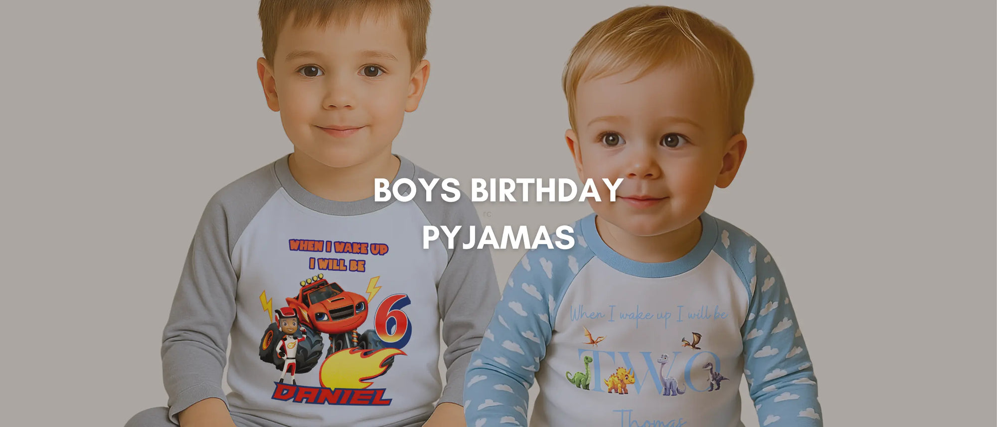 a collection of personalised boys birthday pyjamas with custom name and age