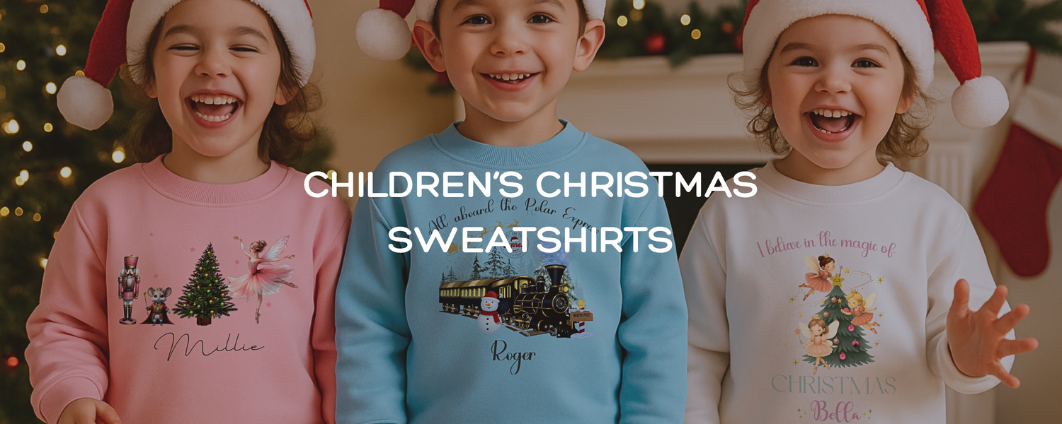 A banner showing three children, boys and girls, wearing personalised Christmas Sweatshirts and Jumpers