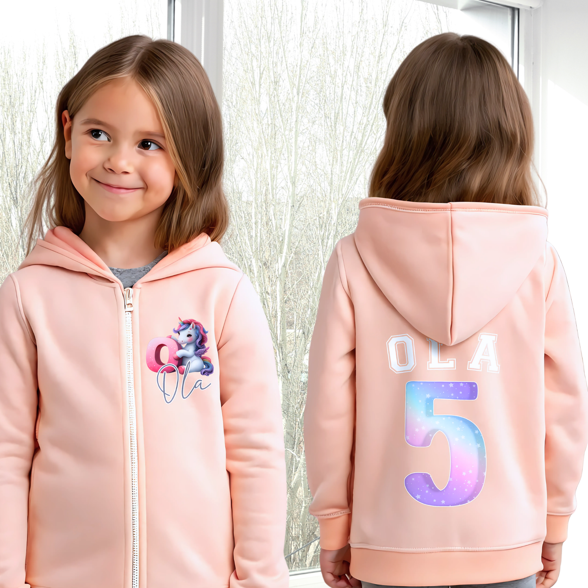 Personalized girl's zip-up unicorn hoodie with a colorful graphic on the front, featuring her initial and name. The back displays her name and favorite number. Ideal for unicorn-themed birthdays! Custom unicorn graphic jacket, perfect birthday apparel.
