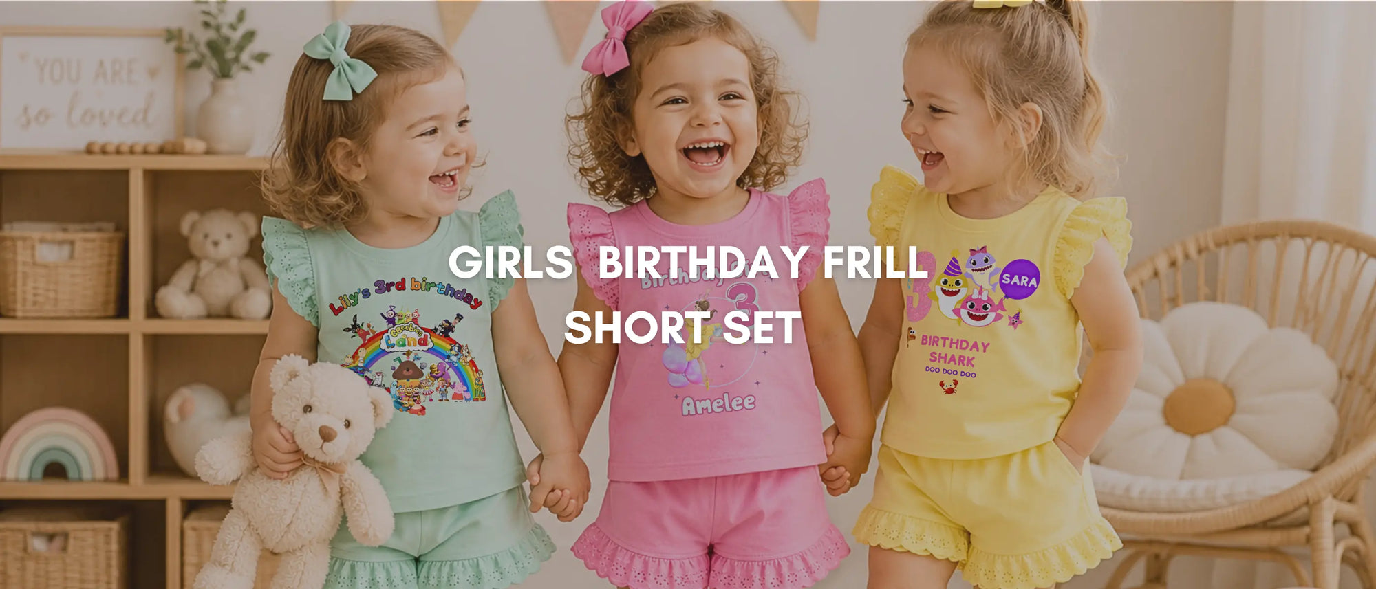 Explore our "Birthday Bliss" collection, designed to This birthday set includes frilly shorts and a charming top, both made from soft, breathable fabrics for comfort during celebrations. It says birthday girl on with choice of age and name