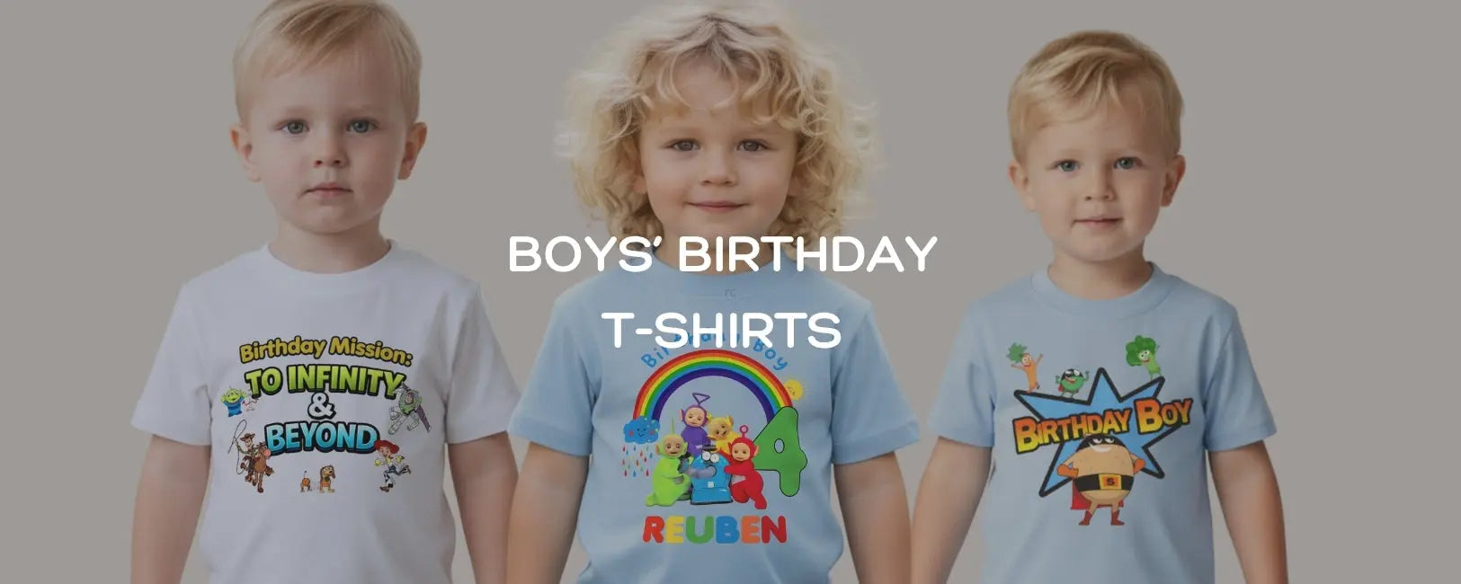 Three boys personalised birthday t-shirt s with a Teletubbies, toy story and Supertato designs. Perfect personalised birthday gift for toddler boys