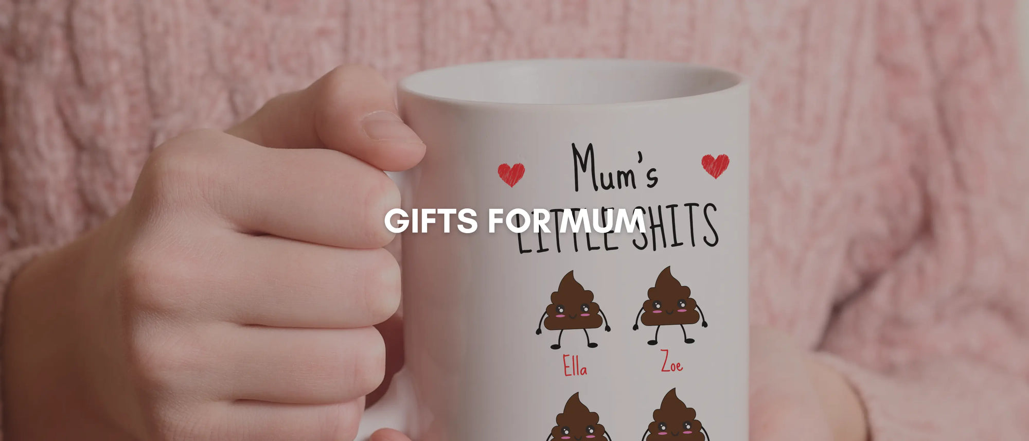 Personalised mug for mum held by mother wearing cosy neutral clothing in a bright home setting perfect for Mother’s Day gifts and personalised keepsakes