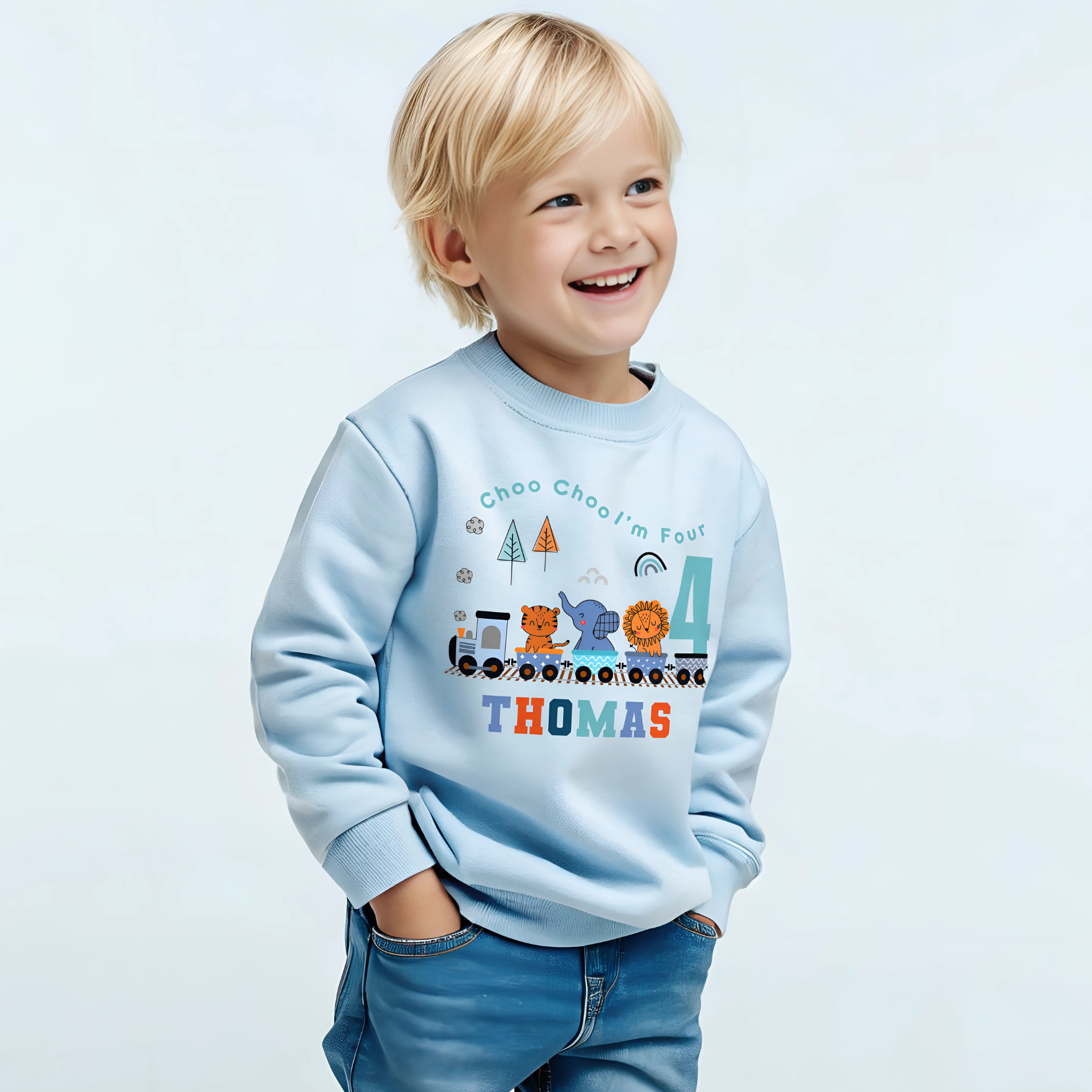 A personalised safari jungle animal birthday sweatshirt ideal for toddler birthday.