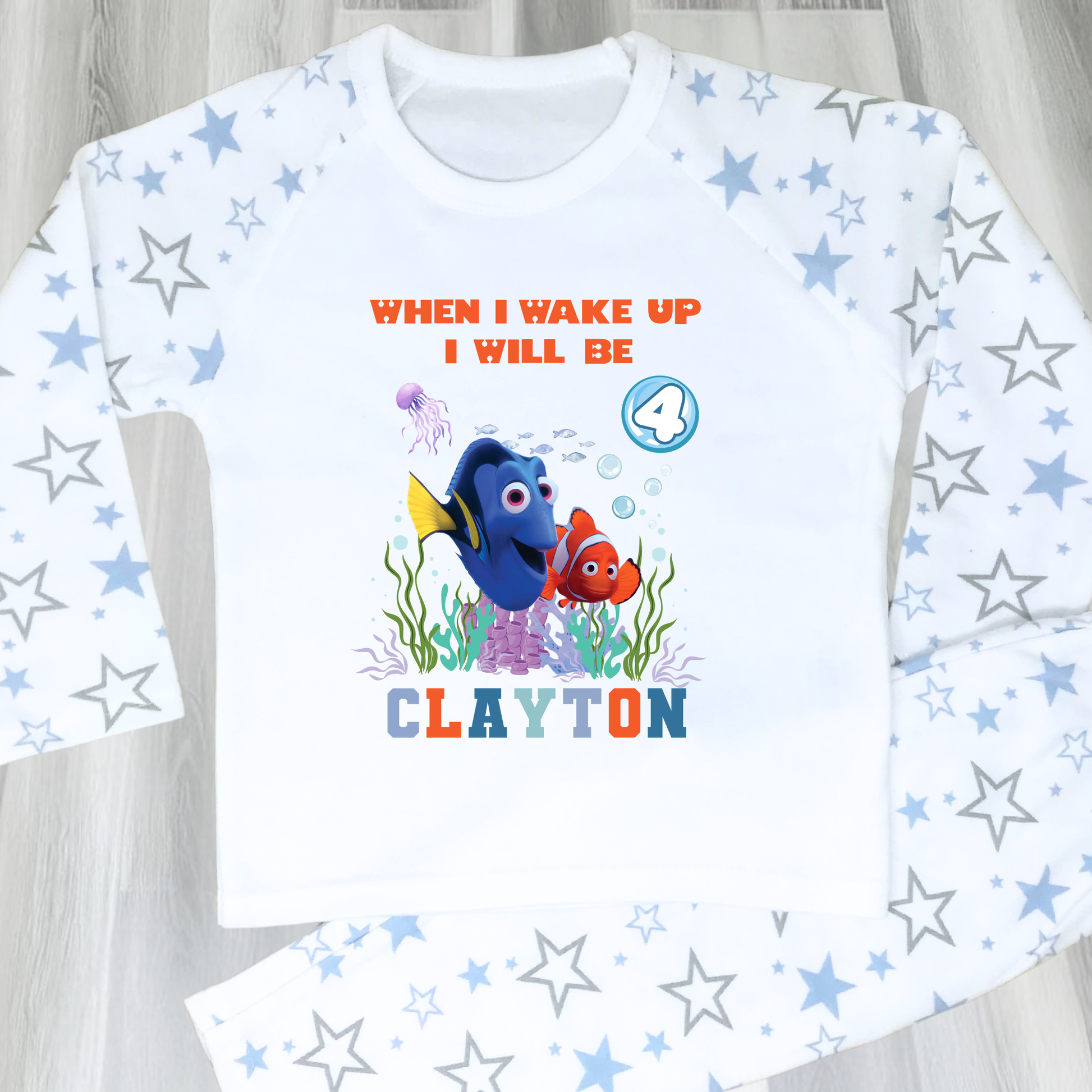 Nemo and Dory birthday pyjamas personalised with under the sea theme for boys
