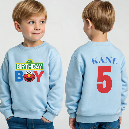 Elmo birthday sweatshirt for boys with custom name and age personalised