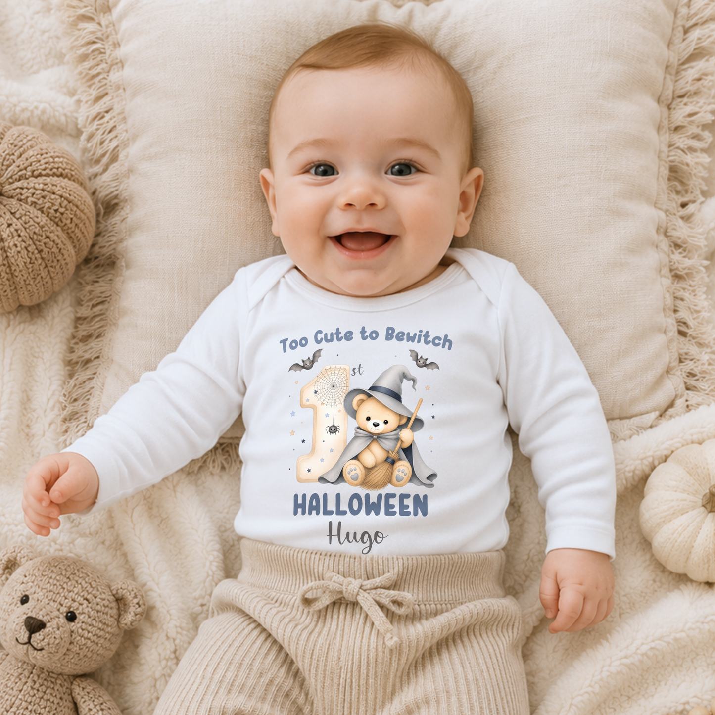 Personalised First Halloween Baby Outfit: Baby’s First Halloween personalised baby boy bodysuit with name, teddy bear witch, bats and first Halloween design.
