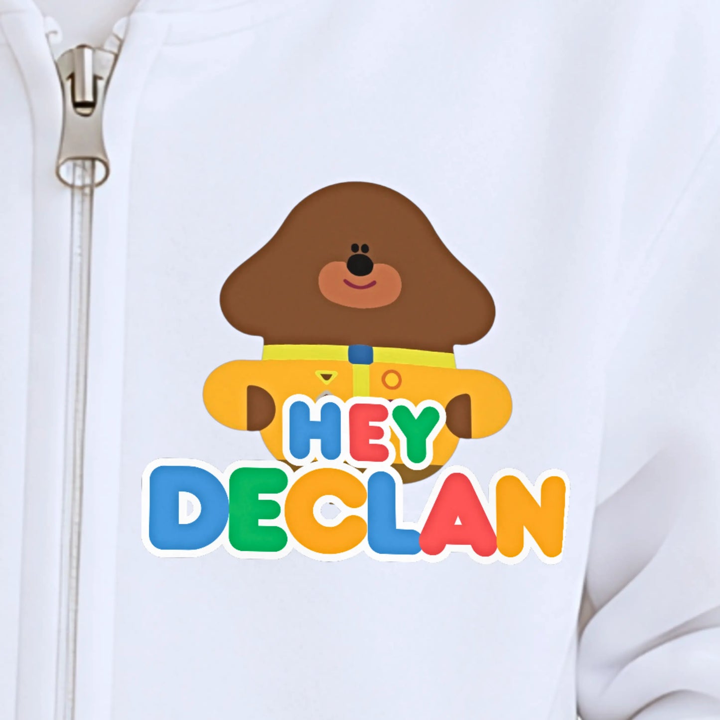 Personalised Hey Duggee birthday hoodie for boys with custom name and number back print on white zip-up childrens hoodie - aishabaileydesigns