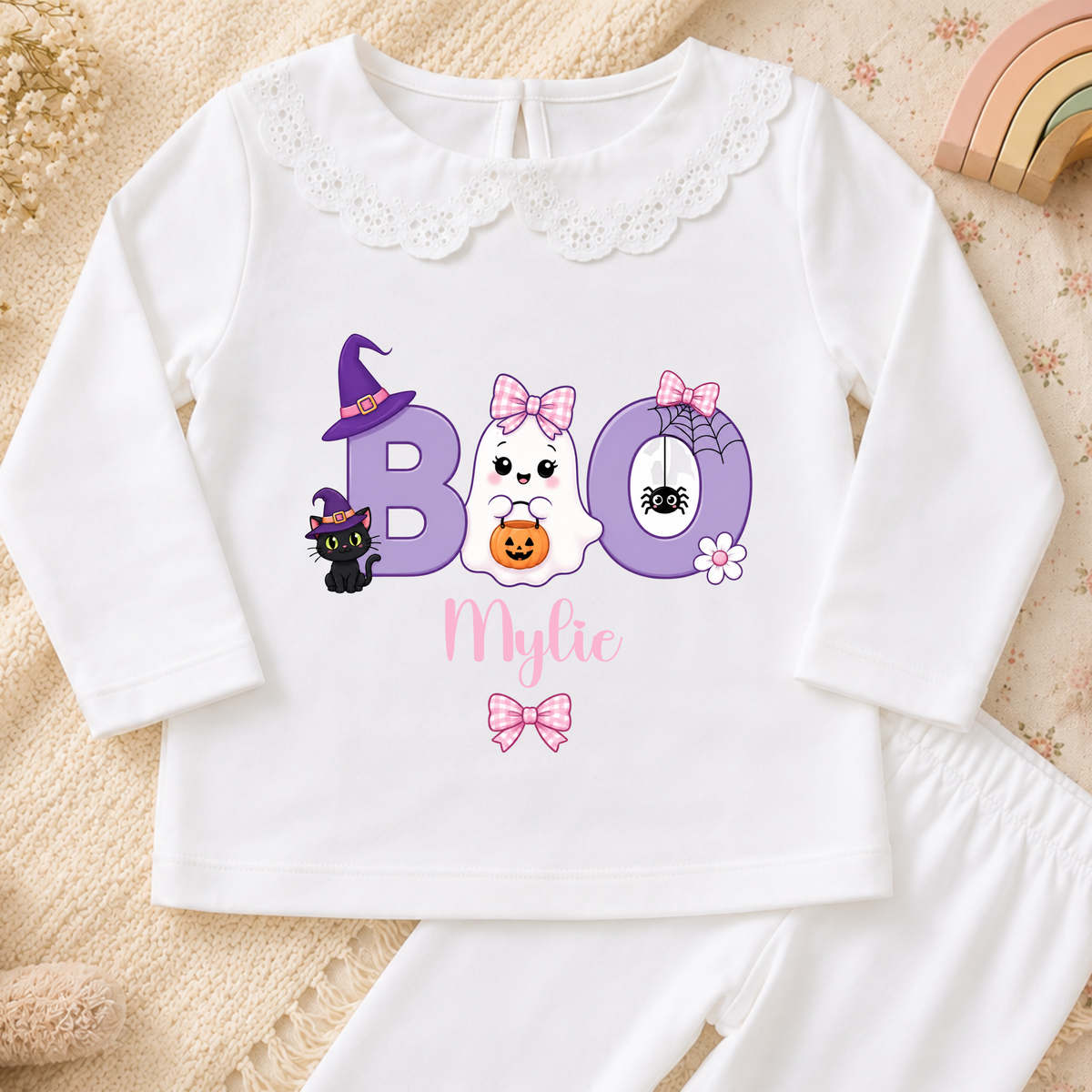 Personalised Halloween Pyjamas for Girls with white frilly collar, cute ghost BOO design and custom child’s name, perfect for girls during spooky season.