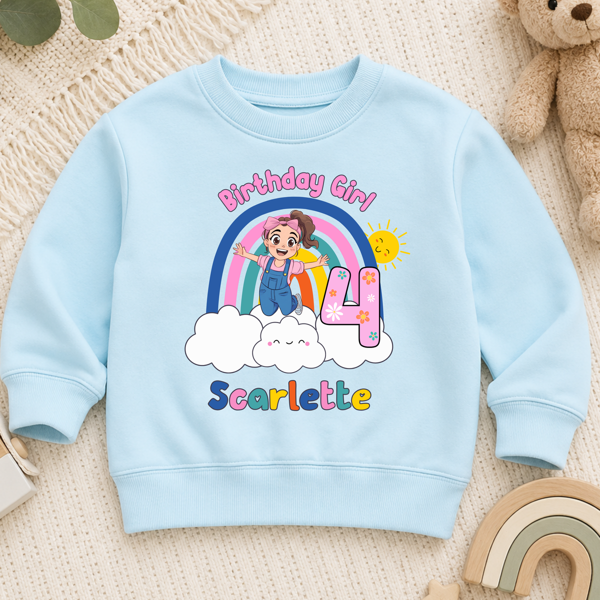 Girls Personalised Ms Rachel Birthday Sweatshirt. A girls birthday sweatshirt with a Ms Rachel Design and custom name and age.