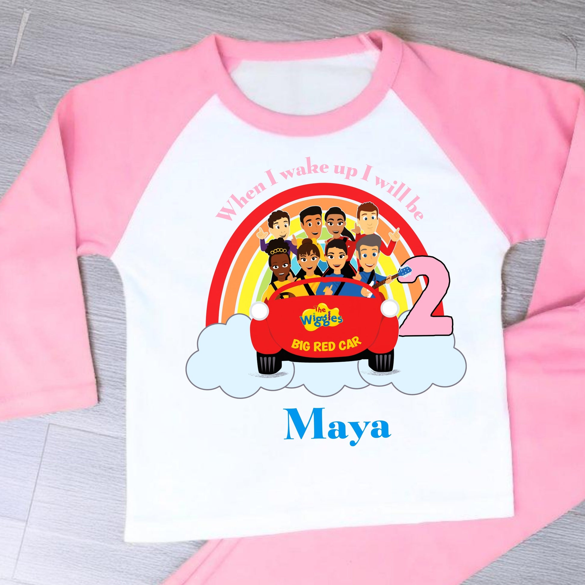 Wiggles birthday pyjamas: Personalised The Wiggles birthday pyjamas for girls with custom name and age, Big Red Car design.