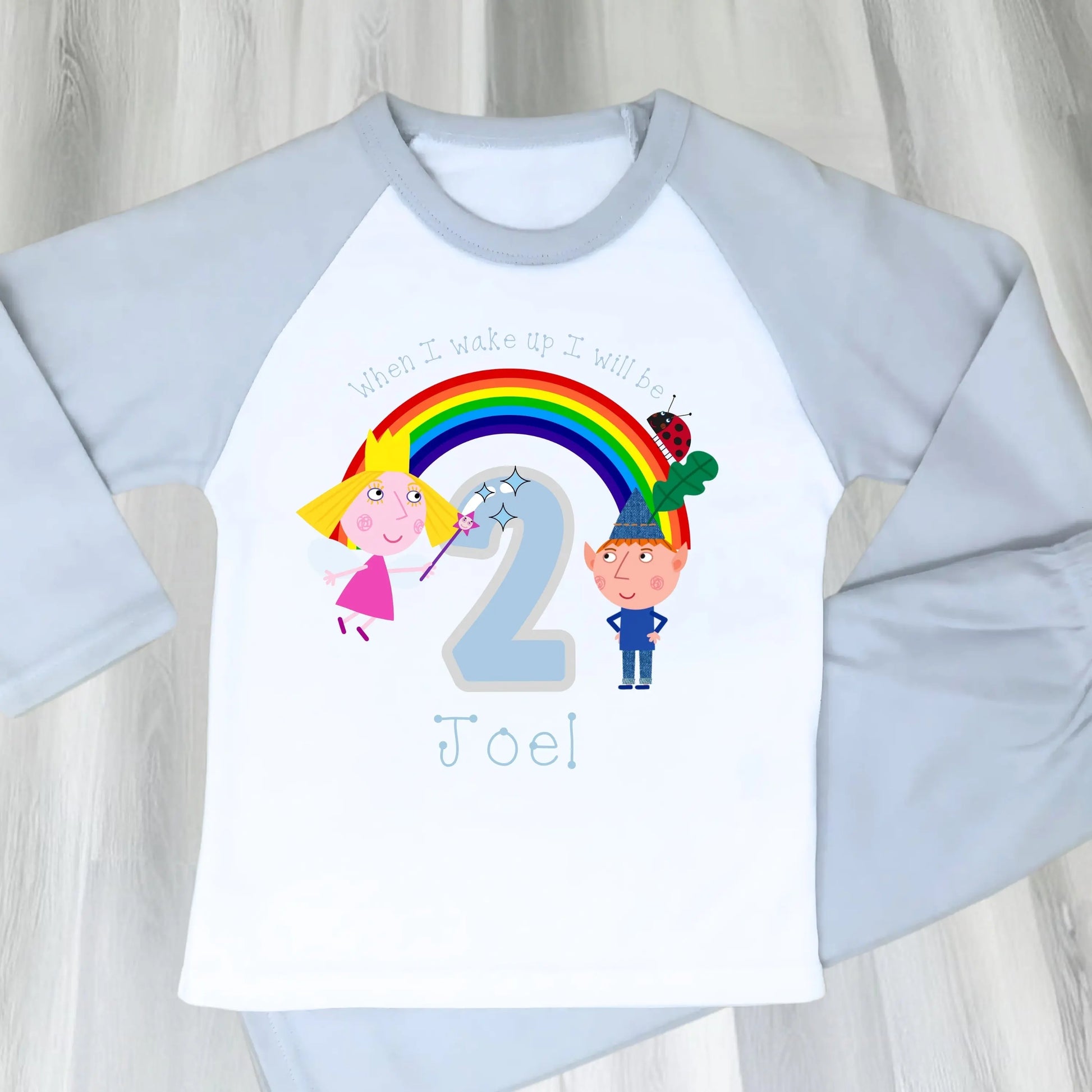 Ben and Holly Birthday pyjamas: Personalised Ben and Holly’s Little Kingdom birthday pyjamas for boys with rainbow, characters, age and custom name.