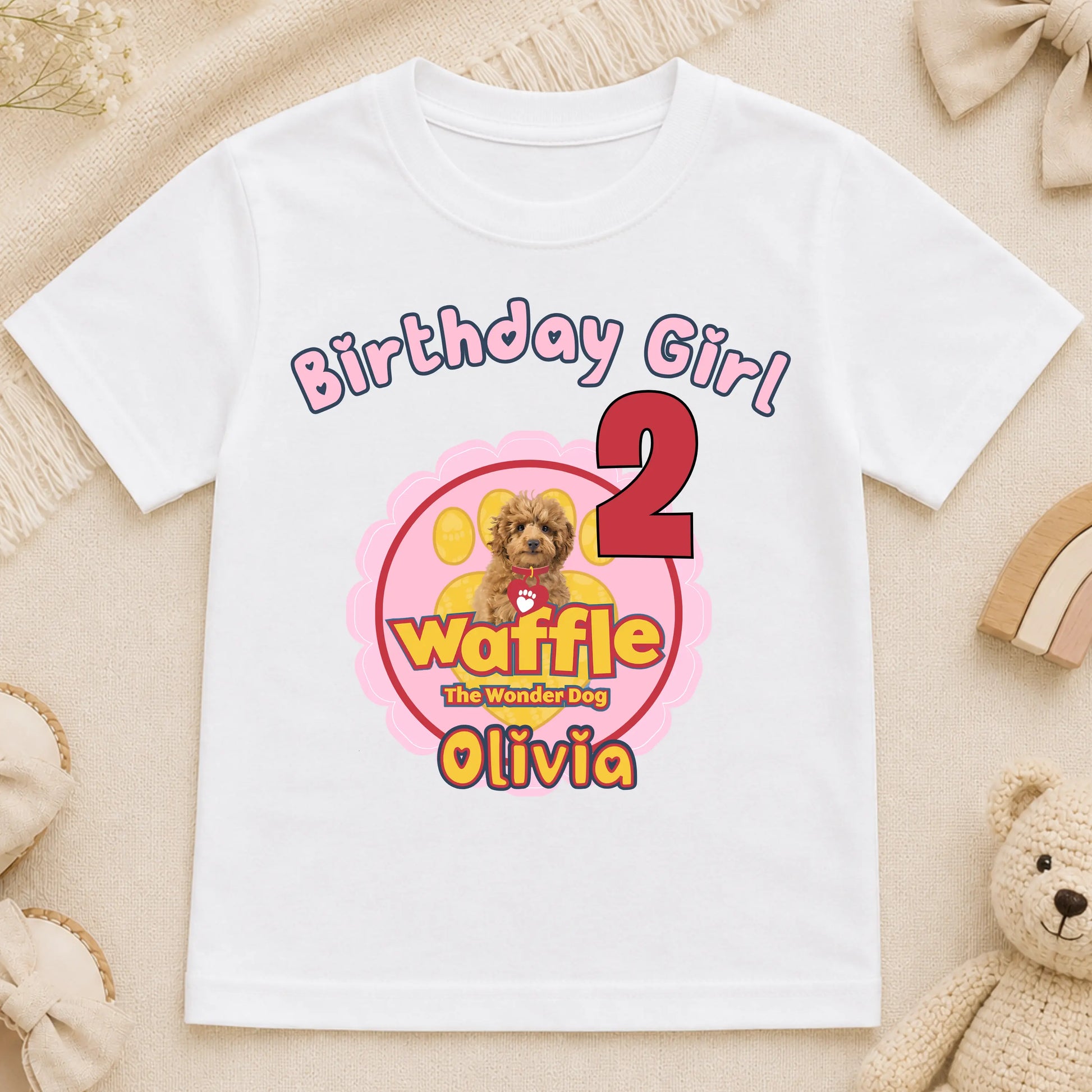 Girls Personalised Waffle Birthday t-shirt: Waffle the Wonder Dog AishaBaileyDesigns