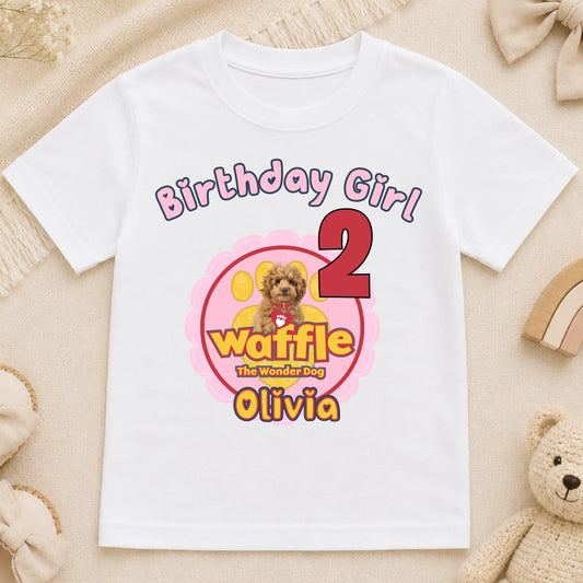 Girls Personalised Waffle Birthday t-shirt: Waffle the Wonder Dog AishaBaileyDesigns
