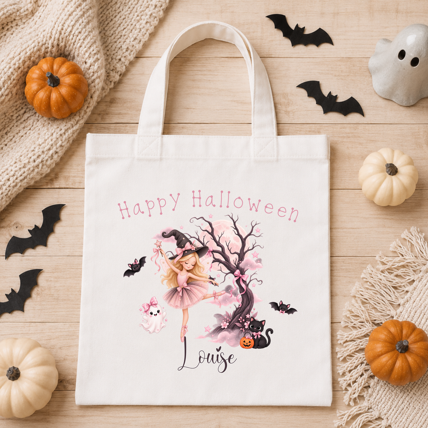 Personalised Halloween Trick or Treat Bag for Girls with witch ballerina, pink ghost, black cat, bats, moon and custom name.