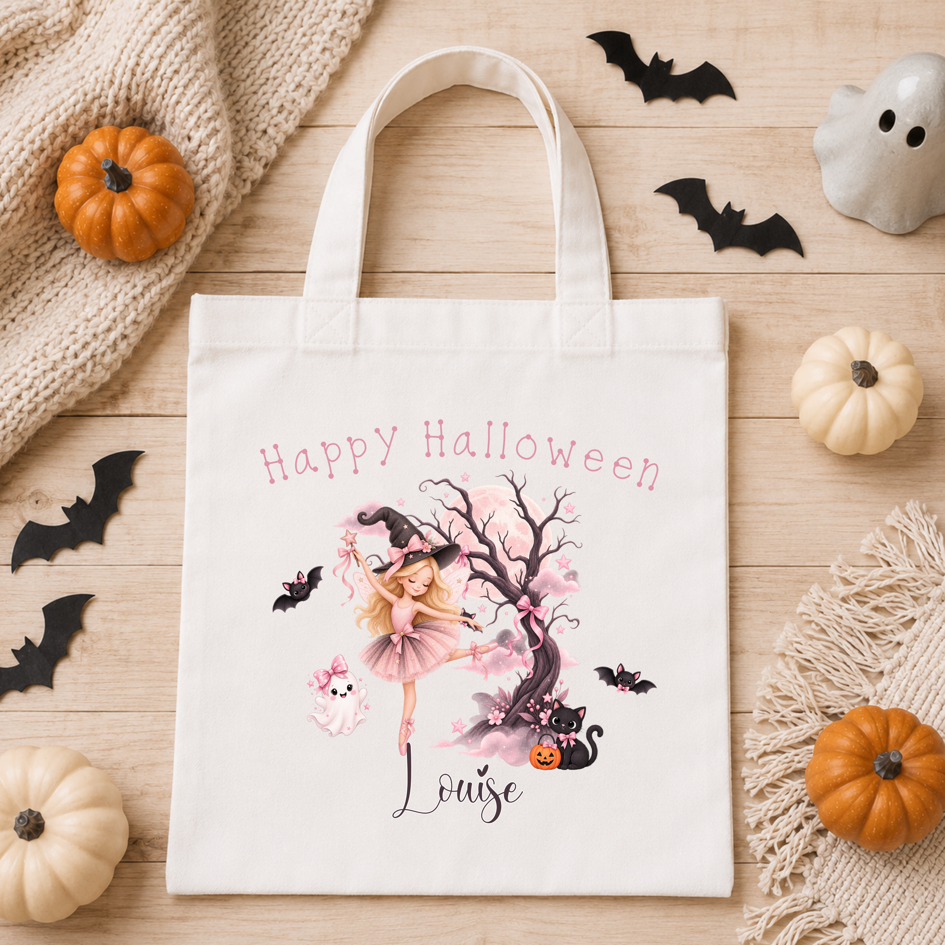 Personalised Halloween Trick or Treat Bag for Girls with witch ballerina, pink ghost, black cat, bats, moon and custom name.