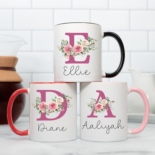 Personalised Wedding Party Mug: A personalised floral initial mug featuring a beautifully designed letter adorned with colourful flowers, accompanied by a custom name. This elegant coffee cup serves as a thoughtful gift for bridesmaids, flower girls, or a cherished keepsake for a mother. Ideal for wedding parties, this unique mug adds a personal touch to any occasion. Wedding party gift, thank you flower girl, bridesmaid, Floral design coffee mug