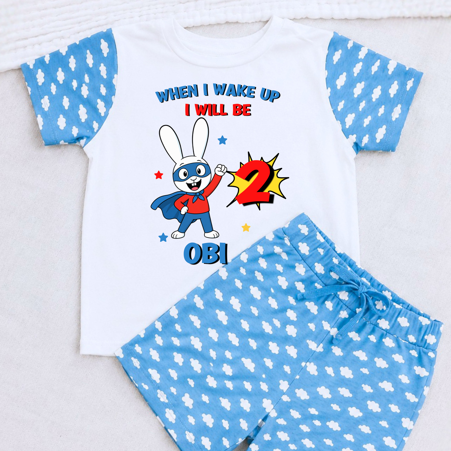Personalised Super Simon Short Birthday Pyjamas for Boys with custom name and age, featuring a colourful character-inspired birthday design.