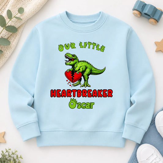 Boys Personalised Sweatshirt: Valentine Heartbreaker Dinosaur Jumper for Everyday Wear AishaBaileyDesigns