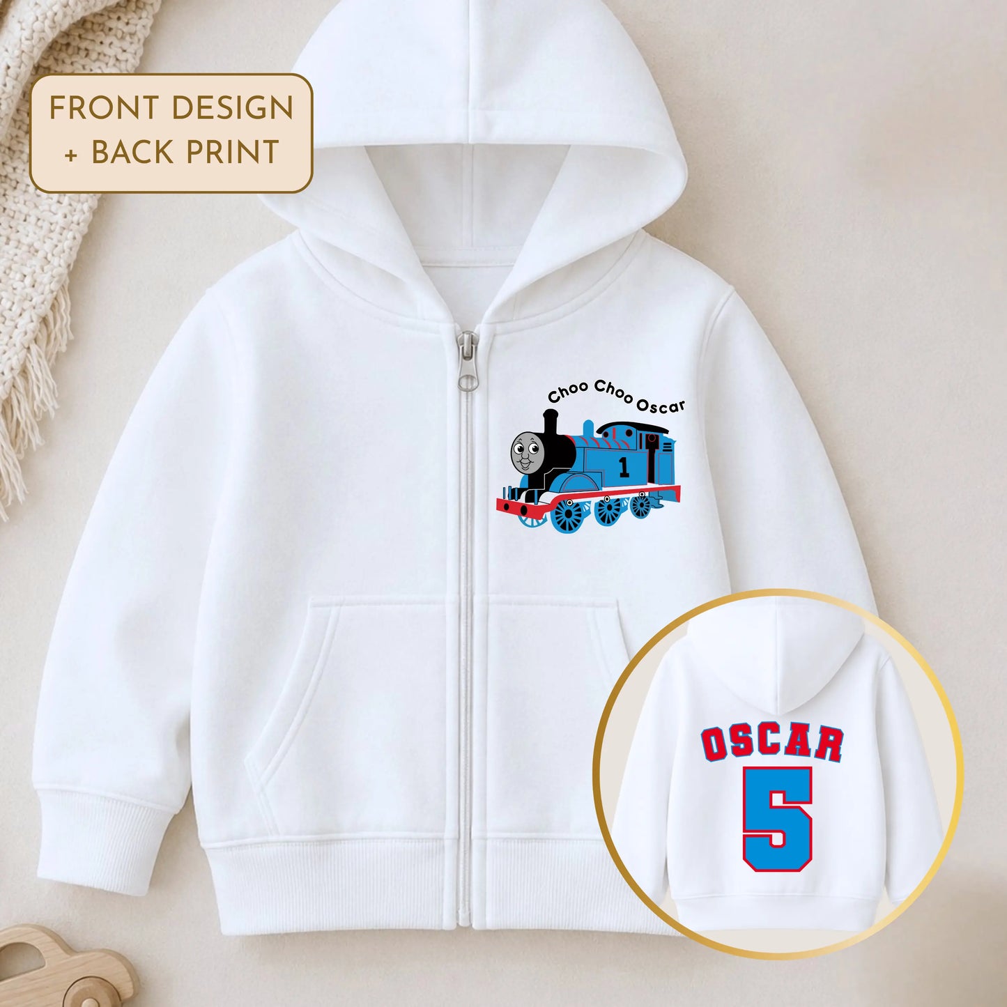 Personalised Thomas Hoodie – Boys Thomas the Tank Engine Birthday zip up with name & age AishaBaileyDesigns