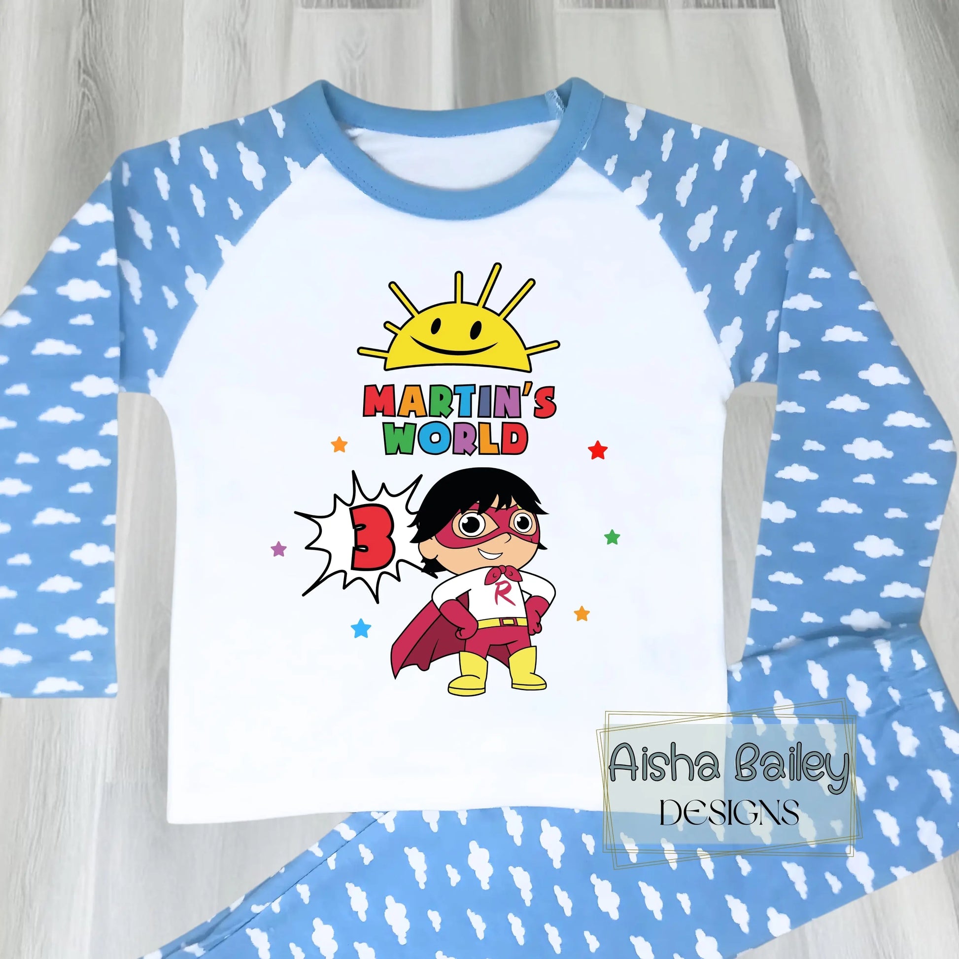 Ryan's World personalised birthday pyjamas for boys with colourful superhero design