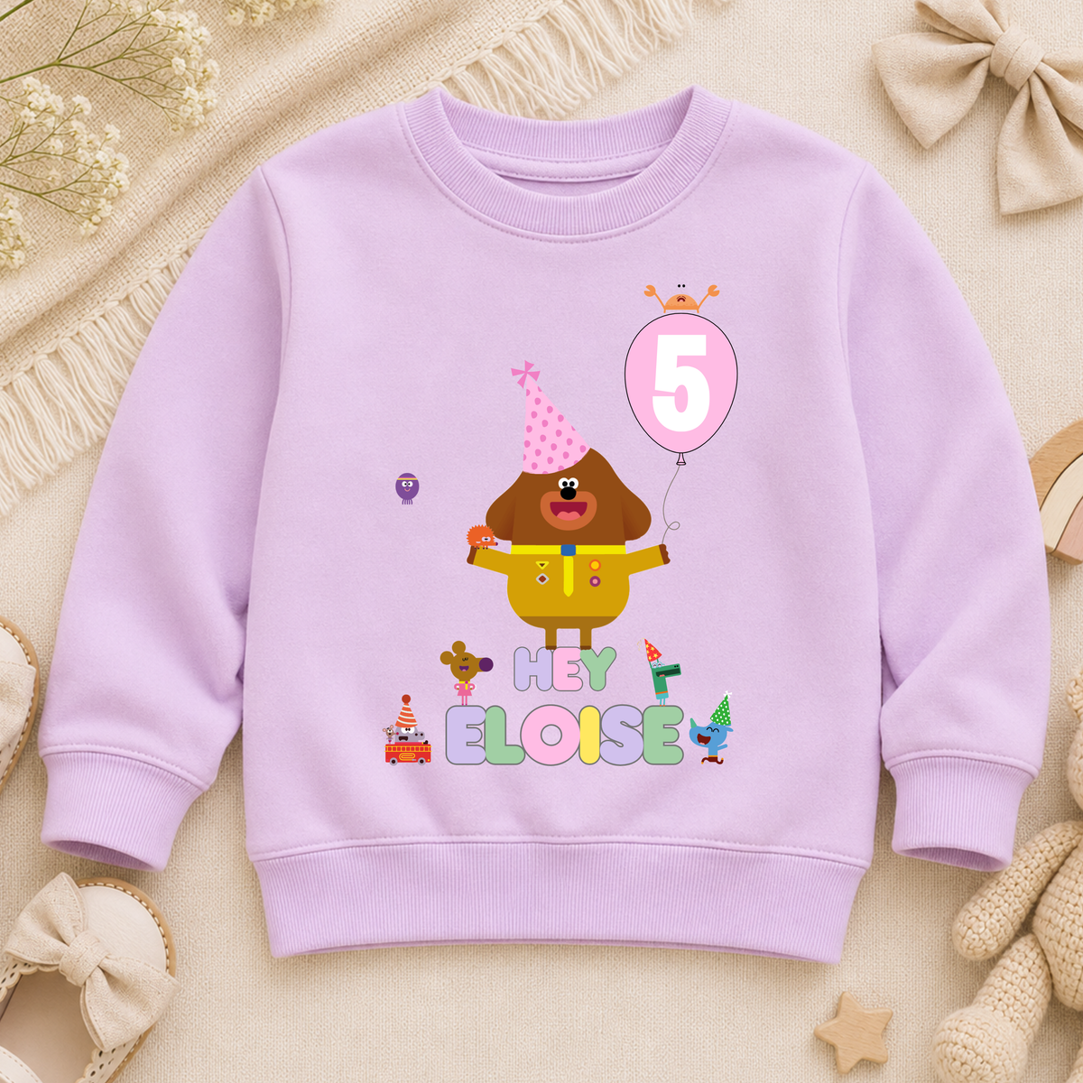 Girls Personalised Hey Duggee Birthday Sweatshirt - Girls Personalised Hey Duggee Pink Bday Jumper, Girls personalised hey duggee, dey duggee pink balloon, pink balloon birthday, hey duggee personalised birthday sweatshirt jumper