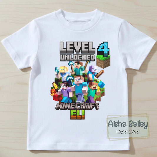 Minecraft Birthday T-Shirt, Boy wearing personalised Minecraft Level 6 Unlocked birthday t-shirt, white tee with colourful gamer design, front clearly visible, lifestyle setting