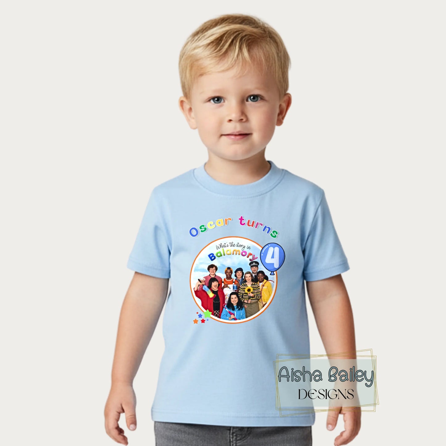 Personalised Balamory birthday t-shirt for boys with custom name and any age colourful toddler birthday shirt