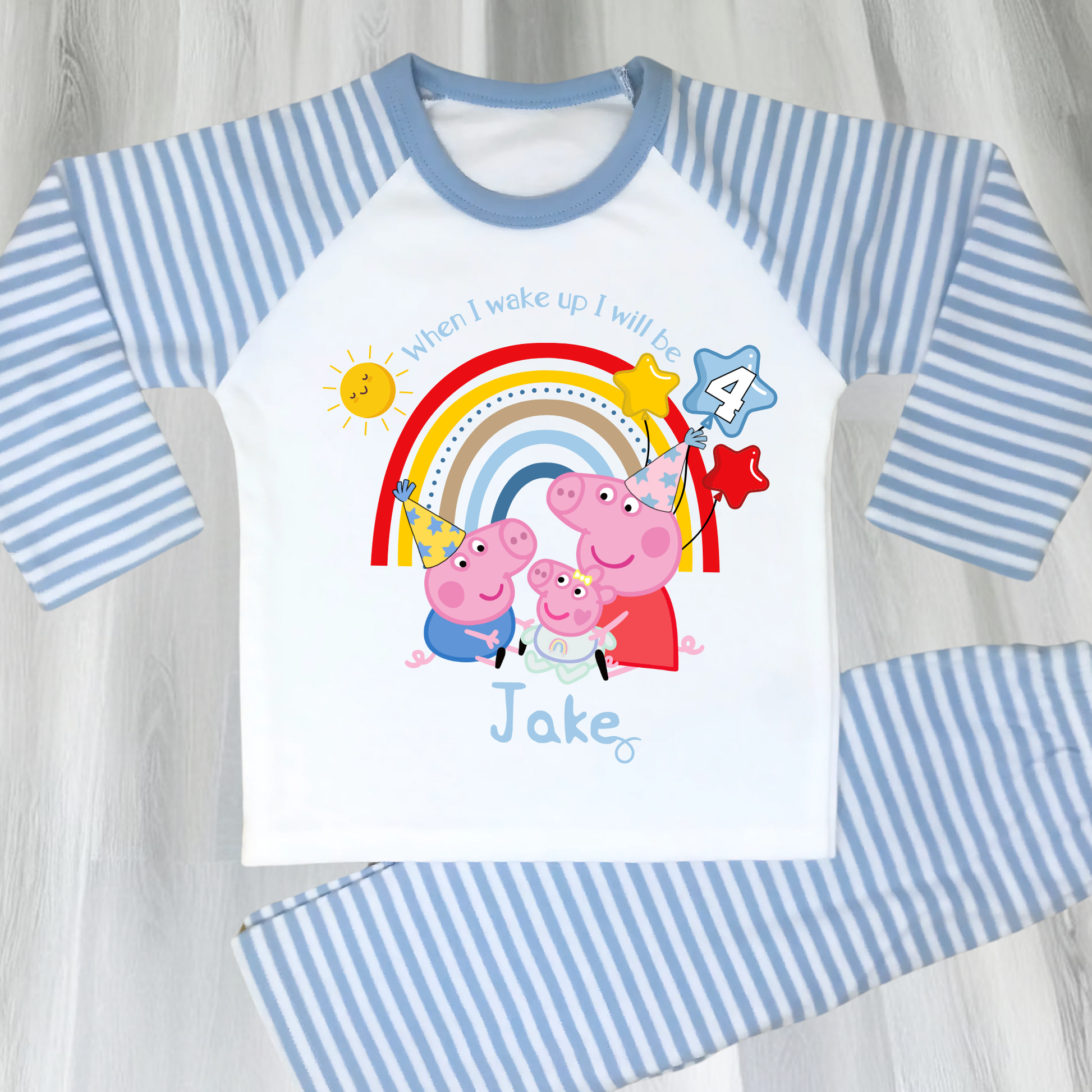 Personalized boys Peppa Pig Birthday Pyjamas featuring Peppa, George, and baby sister Evie; soft cotton; vibrant design; ideal birthday gift; peppa pigs sibling, peppa's baby sister