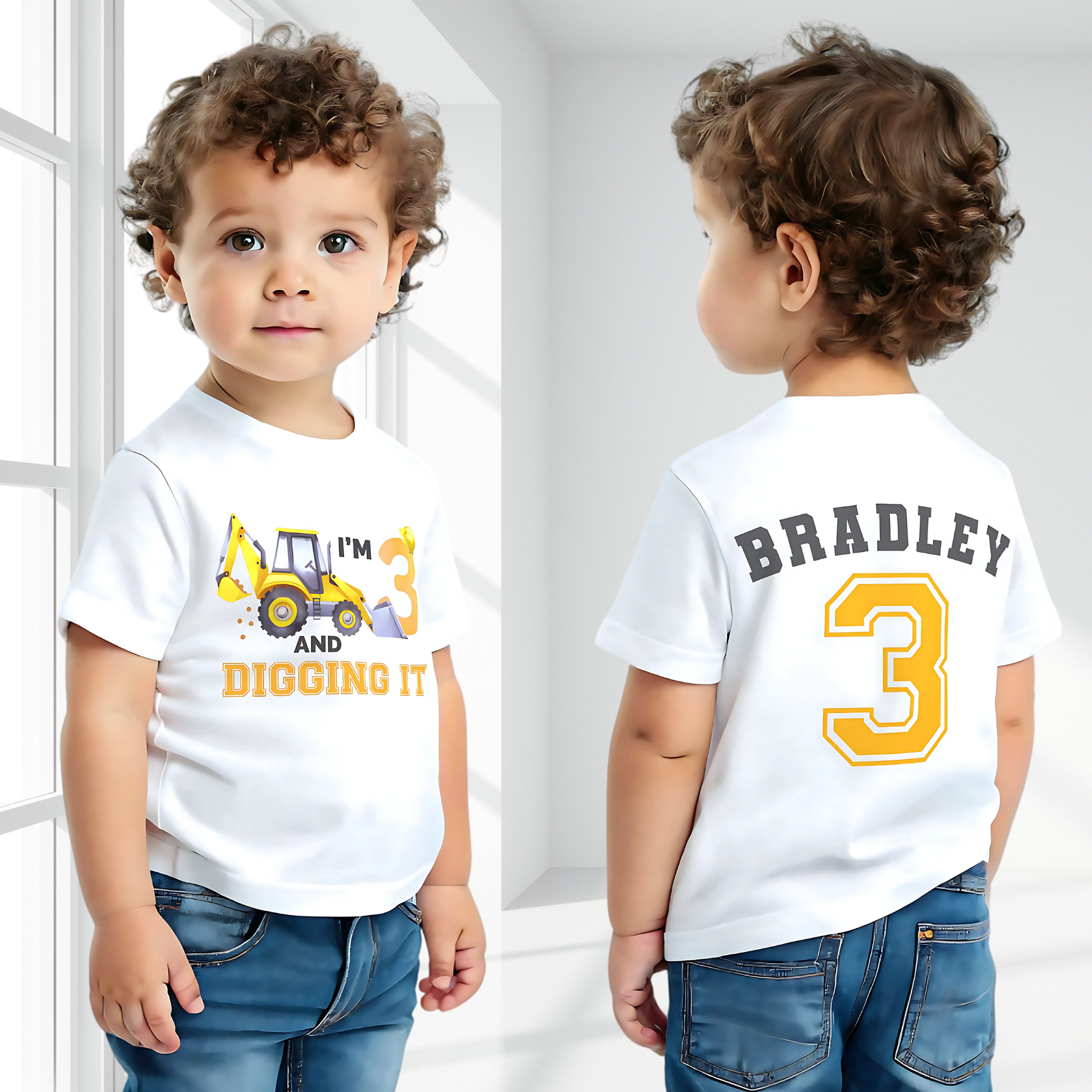 Excavator Digger Birthday T-Shirt: This white t-shirt features a vibrant yellow excavator graphic alongside the playful text “I am digging it,” with customizable age options to celebrate a birthday. The back is personalised with the boy name and age in bold yellow with a black outline. Ideal as a gift for a boy or toddler birthday or a construction-themed party.