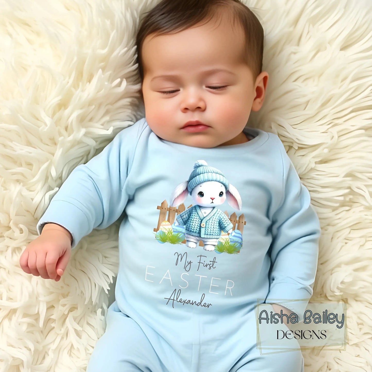 First Easter Outfit: Baby Boy’s First Easter Babygrow with personalised name and bunny design