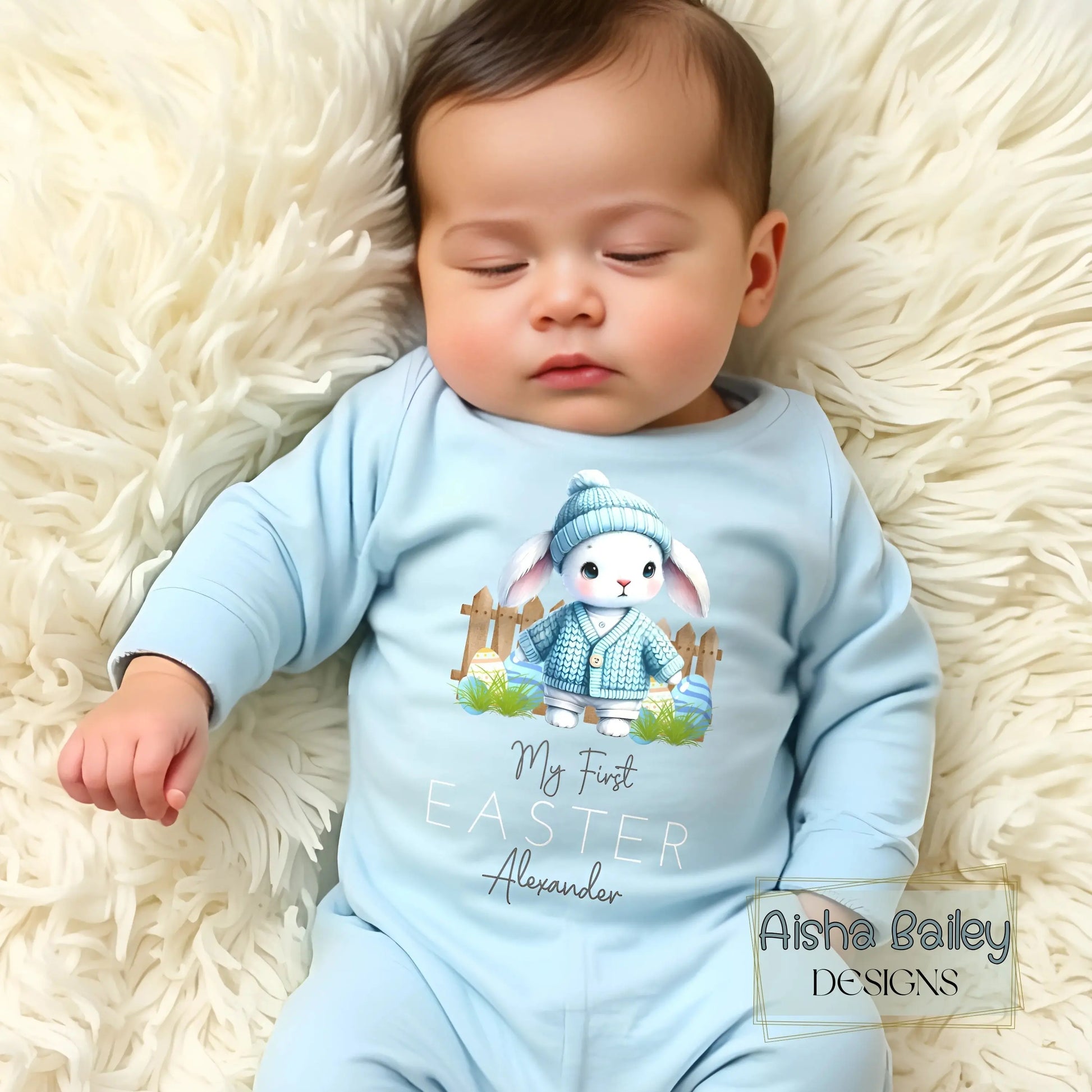 First Easter Outfit: Baby Boy’s First Easter Babygrow with personalised name and bunny design