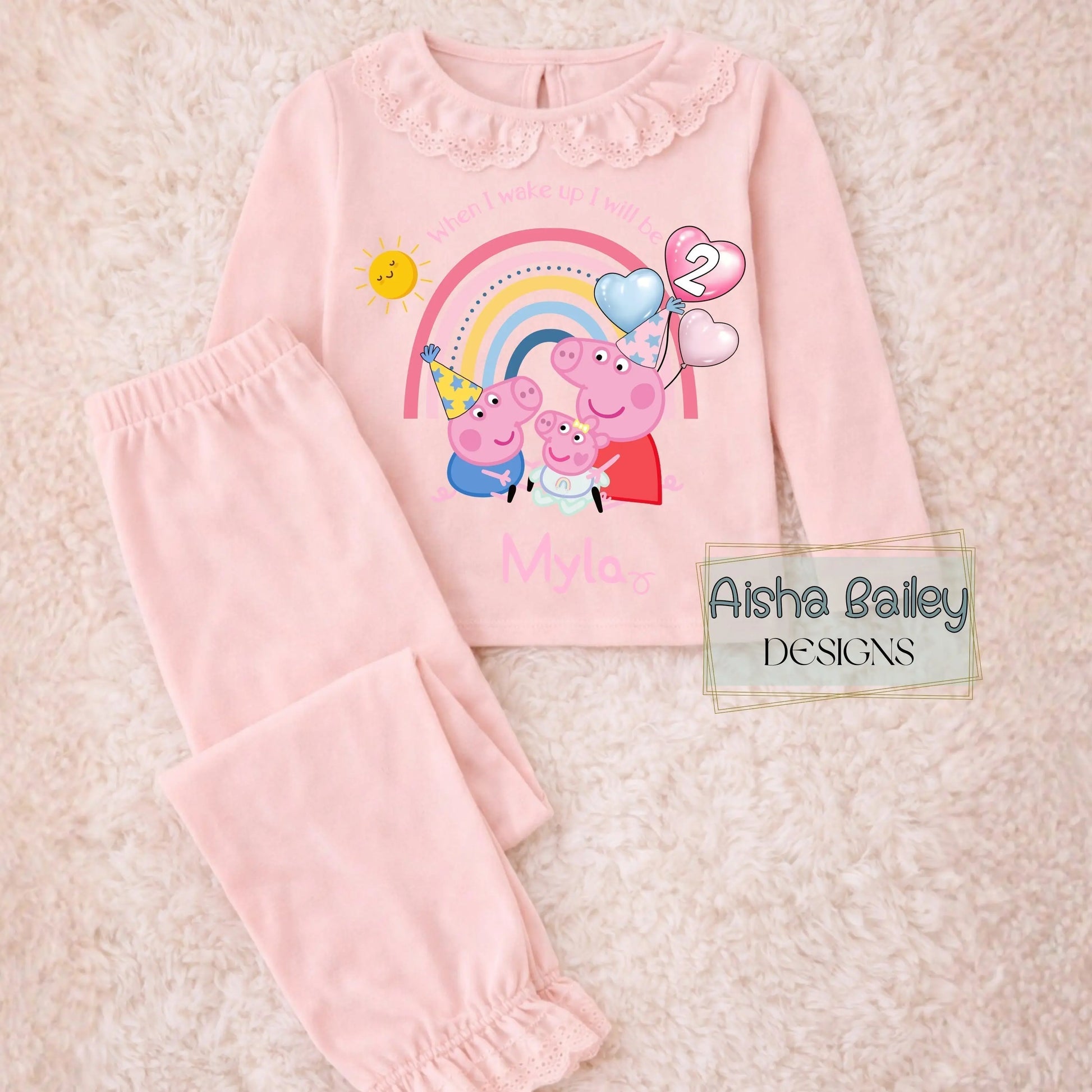 Girls Peppa Pig Frilly Birthday pyjamas with George and Evie with their custom name, Peppa Pig birthday gift