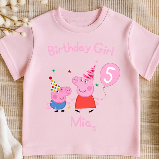 Peppa and George Birthday T-shirt: Child wearing a white personalised Peppa Pig with George Pig  t-shirt with a birthday design. It has custom name and age.