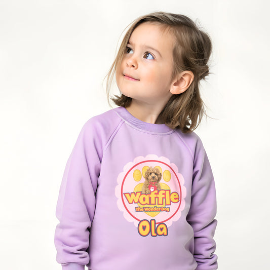 Personalised Waffle sweatshirt with Waffle the Wonder Dog and custom child name in pink design