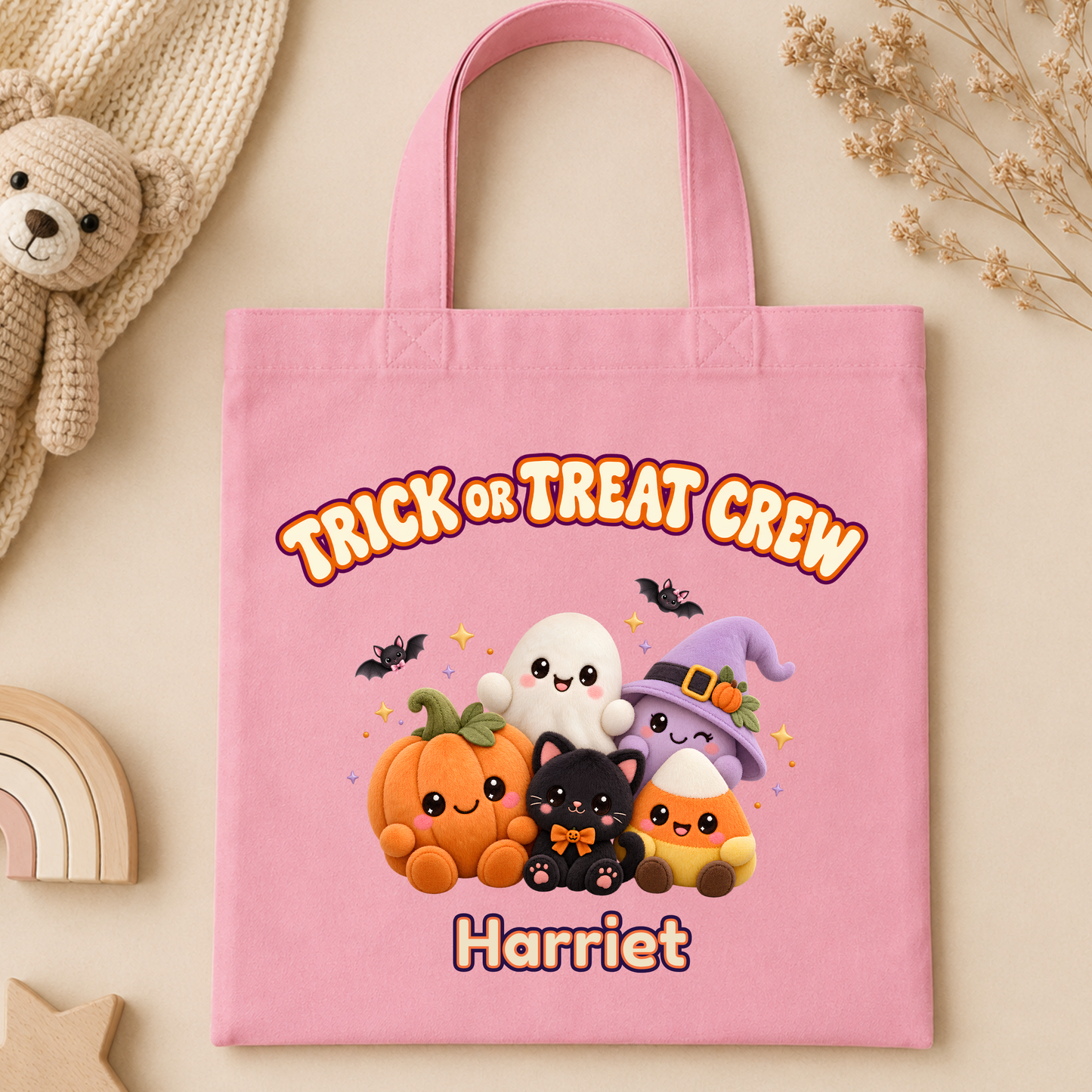 Personalised Halloween Trick or Treat Bag with kawaii plush pumpkin, ghost, witch, black cat and candy corn characters and custom name.