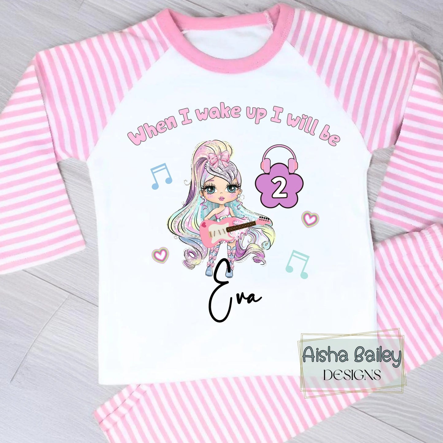 Personalised Girls Birthday Pyjamas: In My Birthday Era glitter-effect doll birthday pyjamas with custom name and age, no real glitter, long sleeve girls sleepwear set